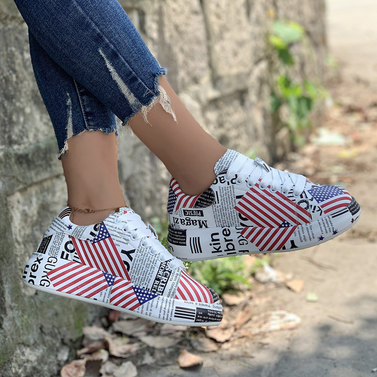Foreign trade new fashion flag platform lace-up sports shoes European and American round toe 43 size couple casual shoes