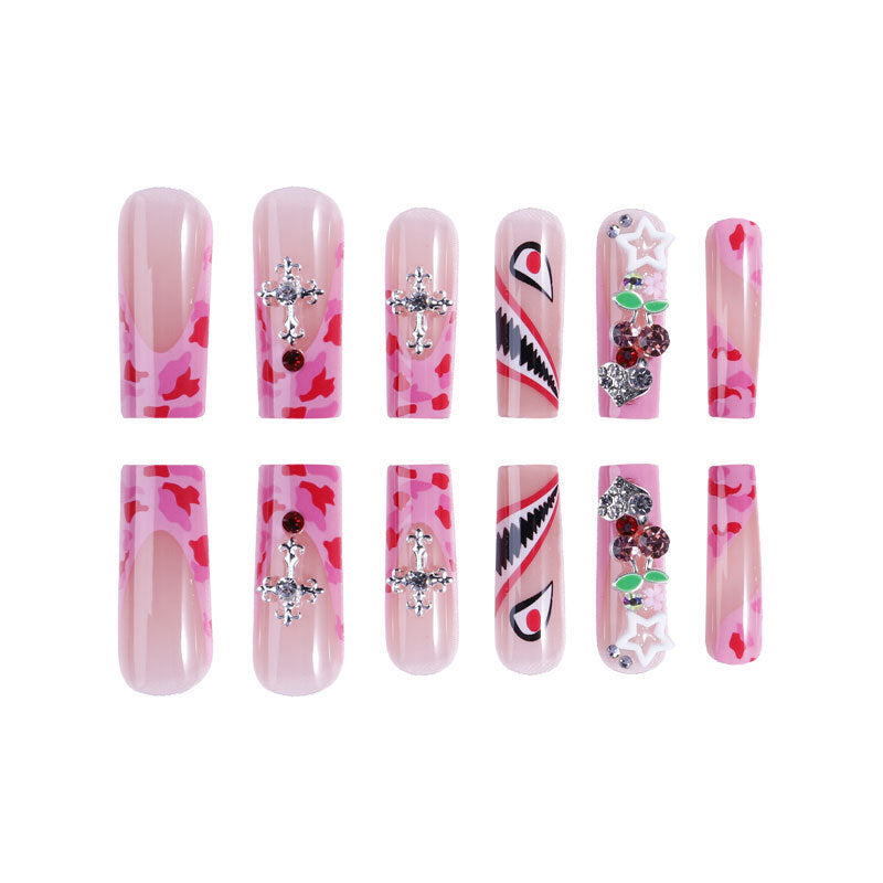 European and American Explosions Hand-Wearing False Nails Duckbill Wearing Nails French Pink Point Drill Cross-Border Sweet Cool Style