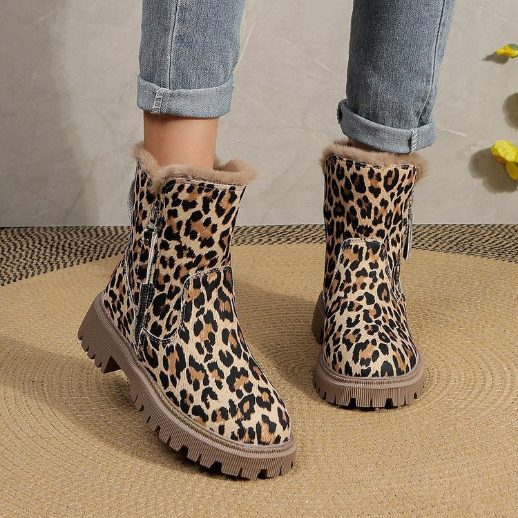Cross-border foreign trade 2023 Winter New plus size leopard print short boots Women's European and American round toe velvet cotton comfortable flat Martin boots