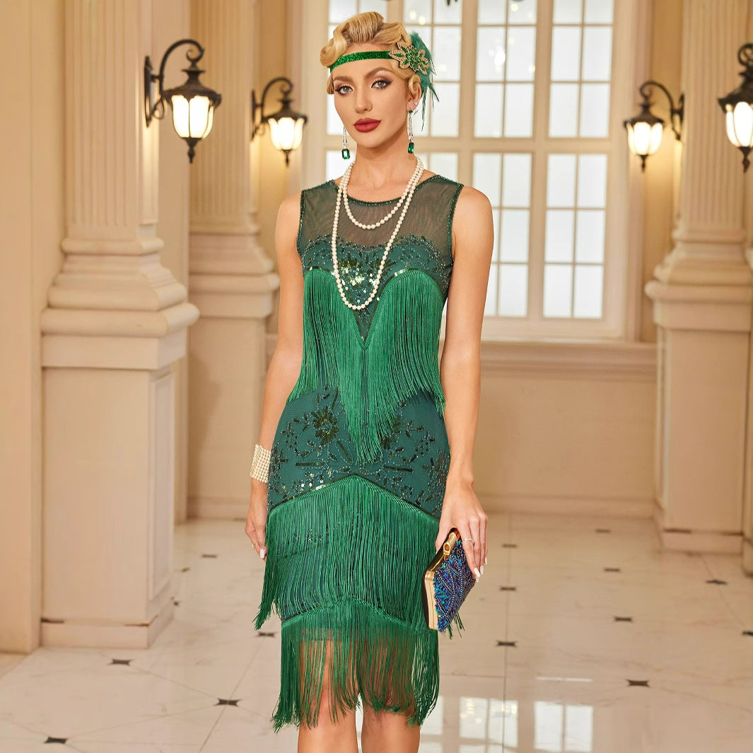 1920S Retro Prom Dress Skirt Embroidery Tassel Prom Party Sequin Beading Mesh Fashion Dress