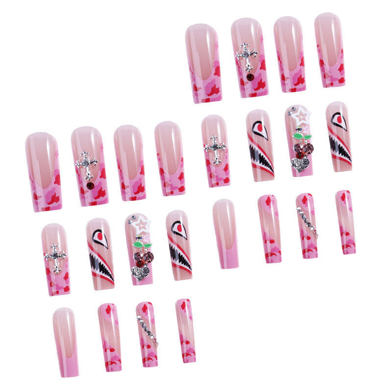 European and American Explosions Hand-Wearing False Nails Duckbill Wearing Nails French Pink Point Drill Cross-Border Sweet Cool Style