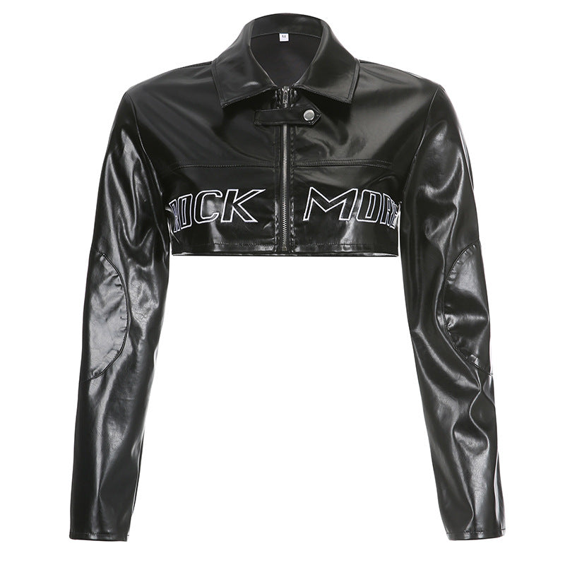 Cross-border PU leather color contrast stitching printing Zhang Zi stand collar zipper long sleeve slim-fit short trend motorcycle jacket women