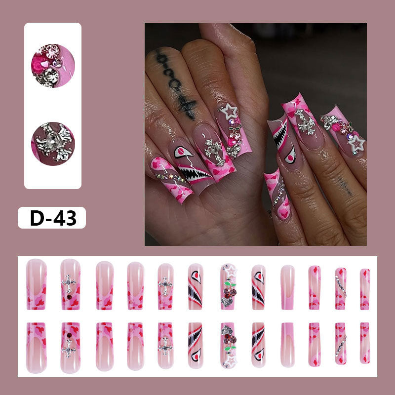 European and American Explosions Hand-Wearing False Nails Duckbill Wearing Nails French Pink Point Drill Cross-Border Sweet Cool Style