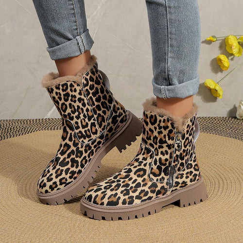 Cross-border foreign trade 2023 Winter New plus size leopard print short boots Women's European and American round toe velvet cotton comfortable flat Martin boots