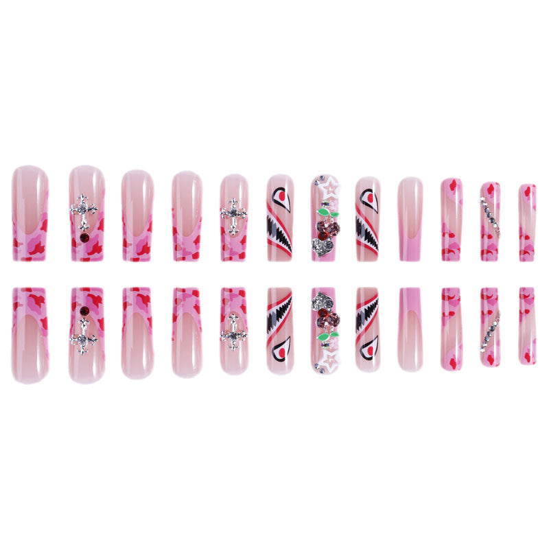 European and American Explosions Hand-Wearing False Nails Duckbill Wearing Nails French Pink Point Drill Cross-Border Sweet Cool Style