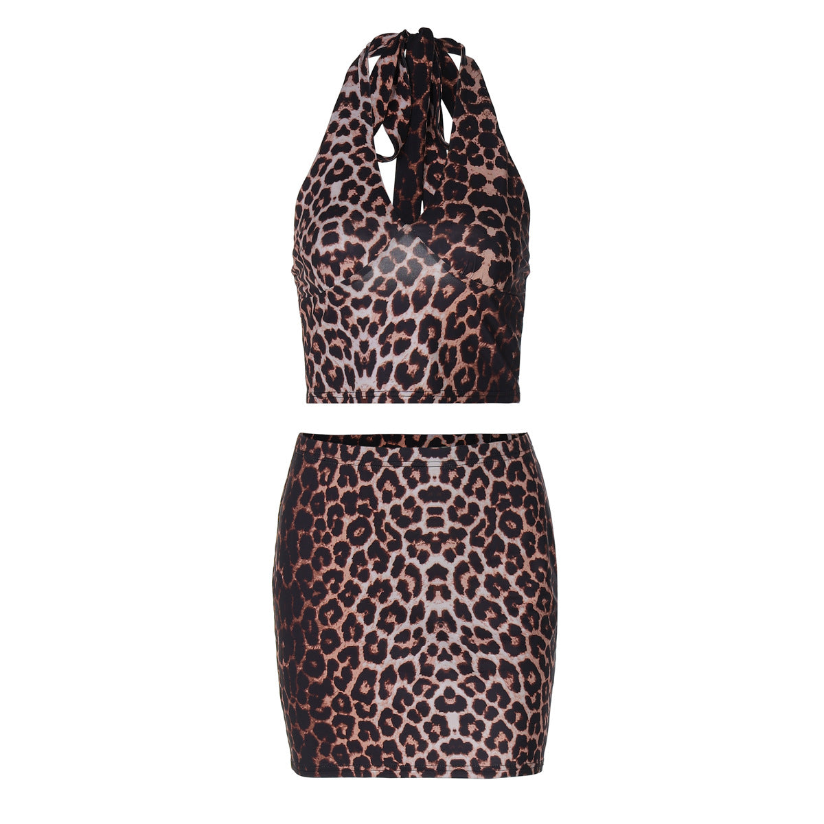 European and American Cross-Border 2025 New Summer Women's Leopard Print Sexy Halterneck Vest Hip-Covering Short Skirt Two-Piece Suit