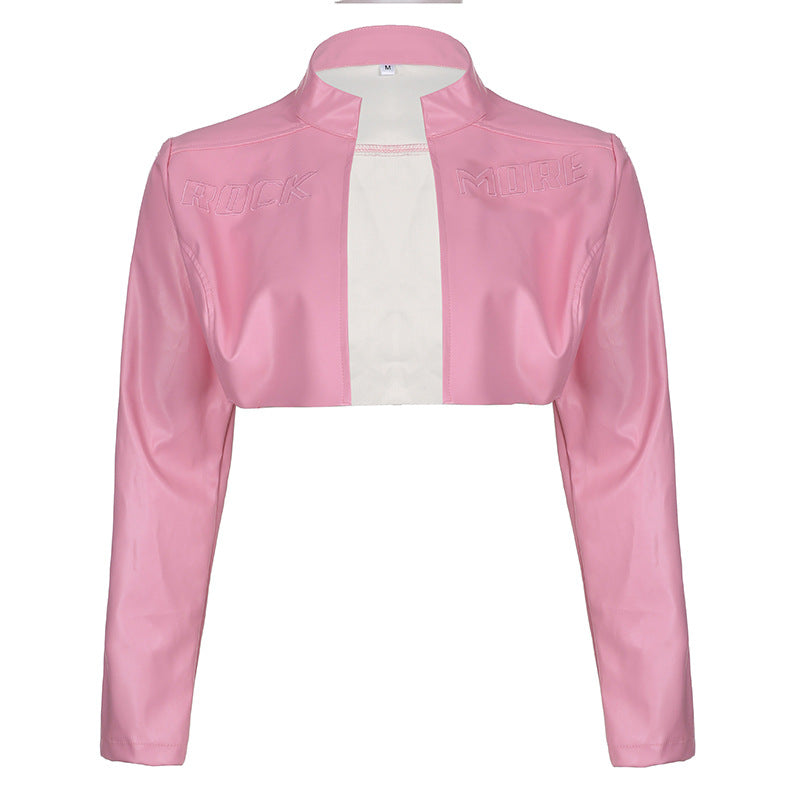 Cross-border PU leather color contrast stitching printing Zhang Zi stand collar zipper long sleeve slim-fit short trend motorcycle jacket women