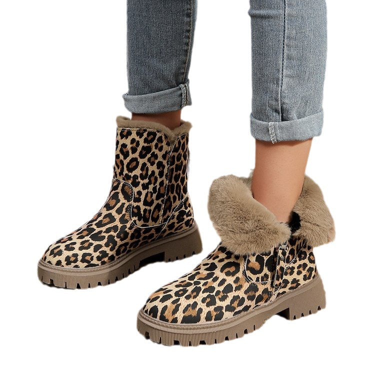 Cross-border foreign trade 2023 Winter New plus size leopard print short boots Women's European and American round toe velvet cotton comfortable flat Martin boots