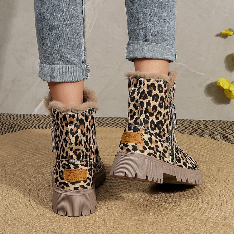 Cross-border foreign trade 2023 Winter New plus size leopard print short boots Women's European and American round toe velvet cotton comfortable flat Martin boots