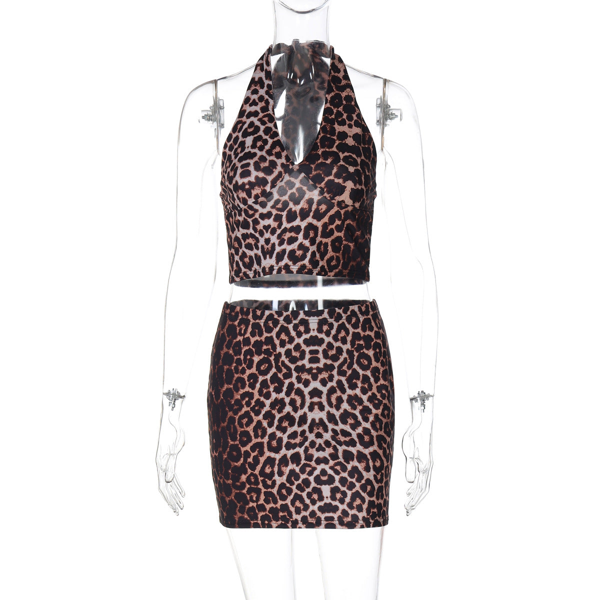 European and American Cross-Border 2025 New Summer Women's Leopard Print Sexy Halterneck Vest Hip-Covering Short Skirt Two-Piece Suit